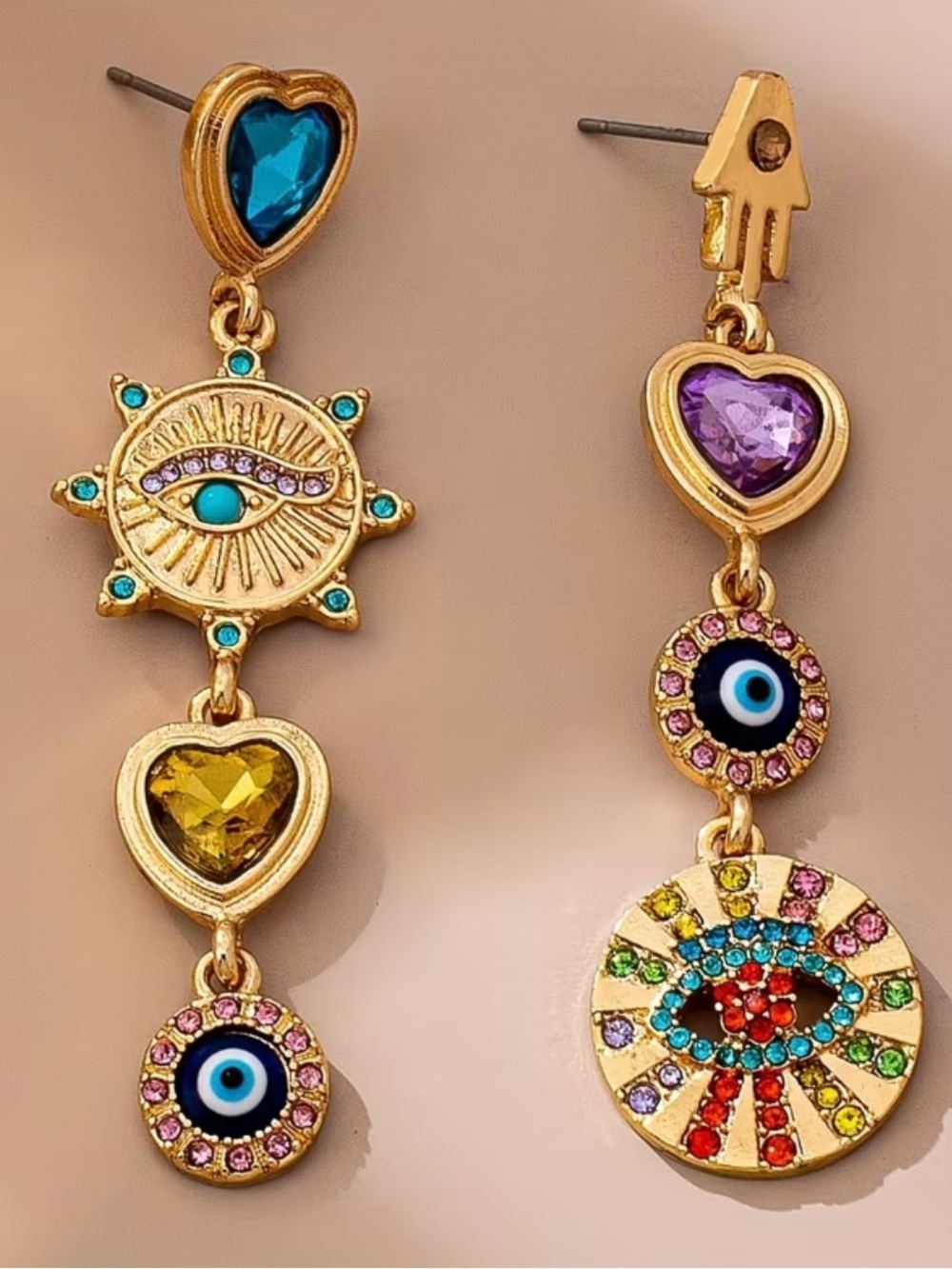 NEW! Trendy Gold-Tone Multicolor Heart & Evil Eye Drop Earrings B2-103